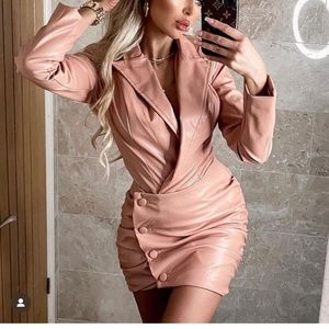 Pink faux leather bodysuit and skirt set, small